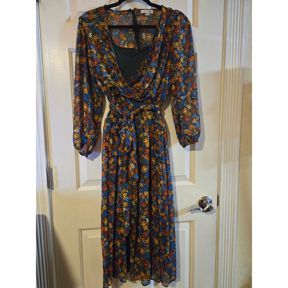 Calvin Klein Women's Floral Print Long‎ Sleeve Wrap Midi Dress Size 4
